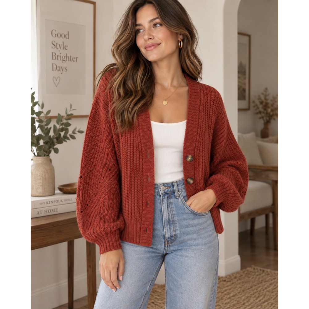 American Eagle Cardigan Womens Medium Rust Orange Pointelle Knit Balloon Sleeve